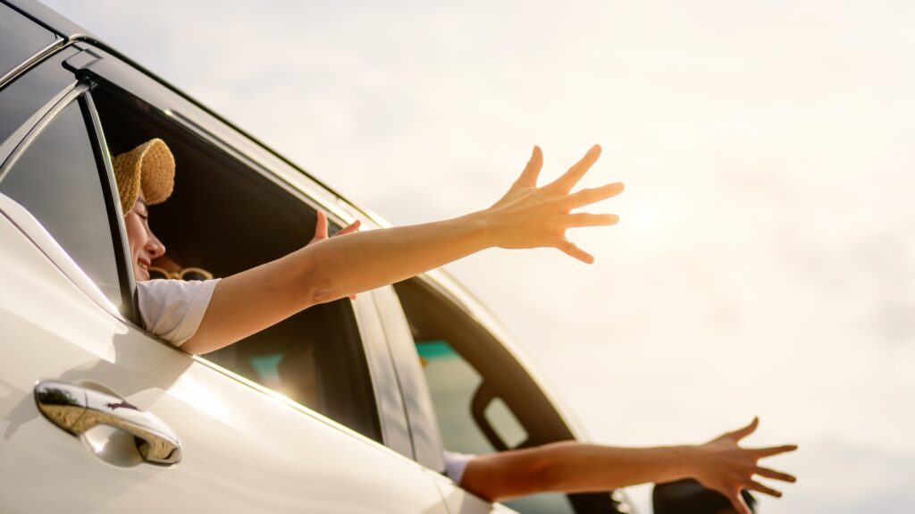 Family travel on beach, Family with car road trip at sea on summer